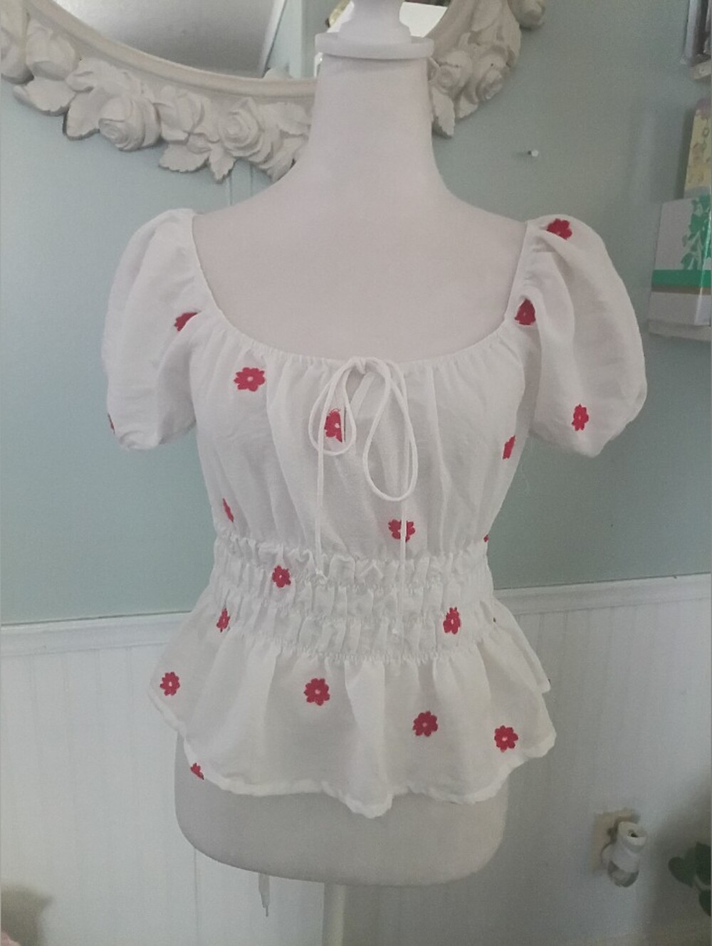 White Tank Top with Red Floral Embroidery - Smocked Peplum